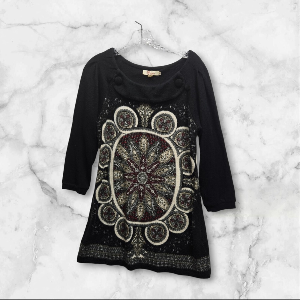 Anthropologie Aryeh Womens Large Dress Sweater Knit Black Brown Red 3/4 Sleeve